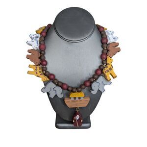 Vintage Noah's Ark Wood Bead Necklace Red Brown Animals 15" Teacher Preschool